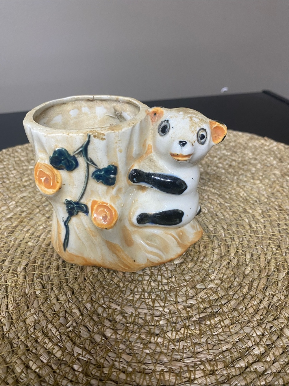 vintage, hand-painted ceramic panda bear planter or small vase made in Japan.